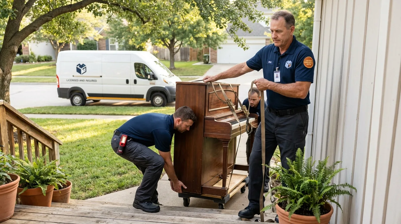 Licensed piano movers securing grand piano in Clemson, SC