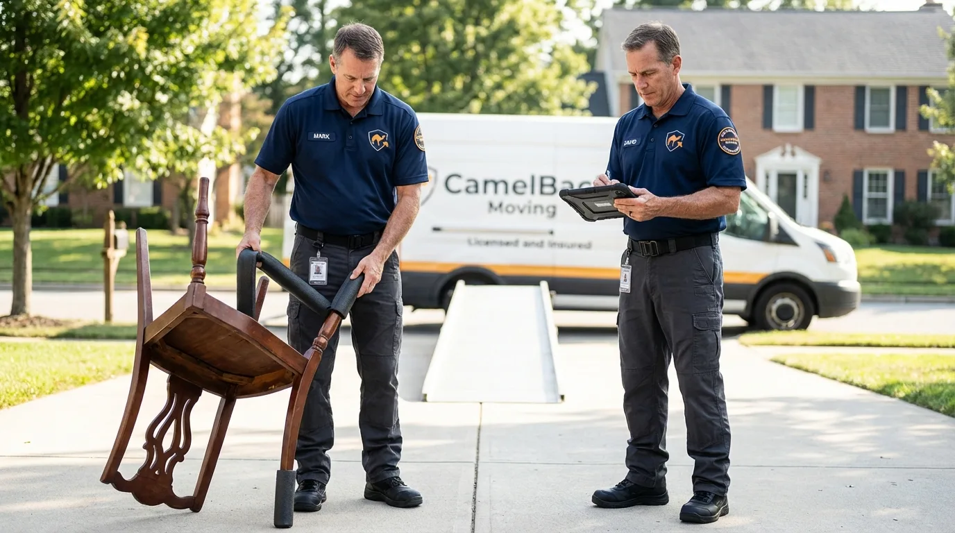 Movers inspecting furniture for damage prevention before loading in Clemson, SC